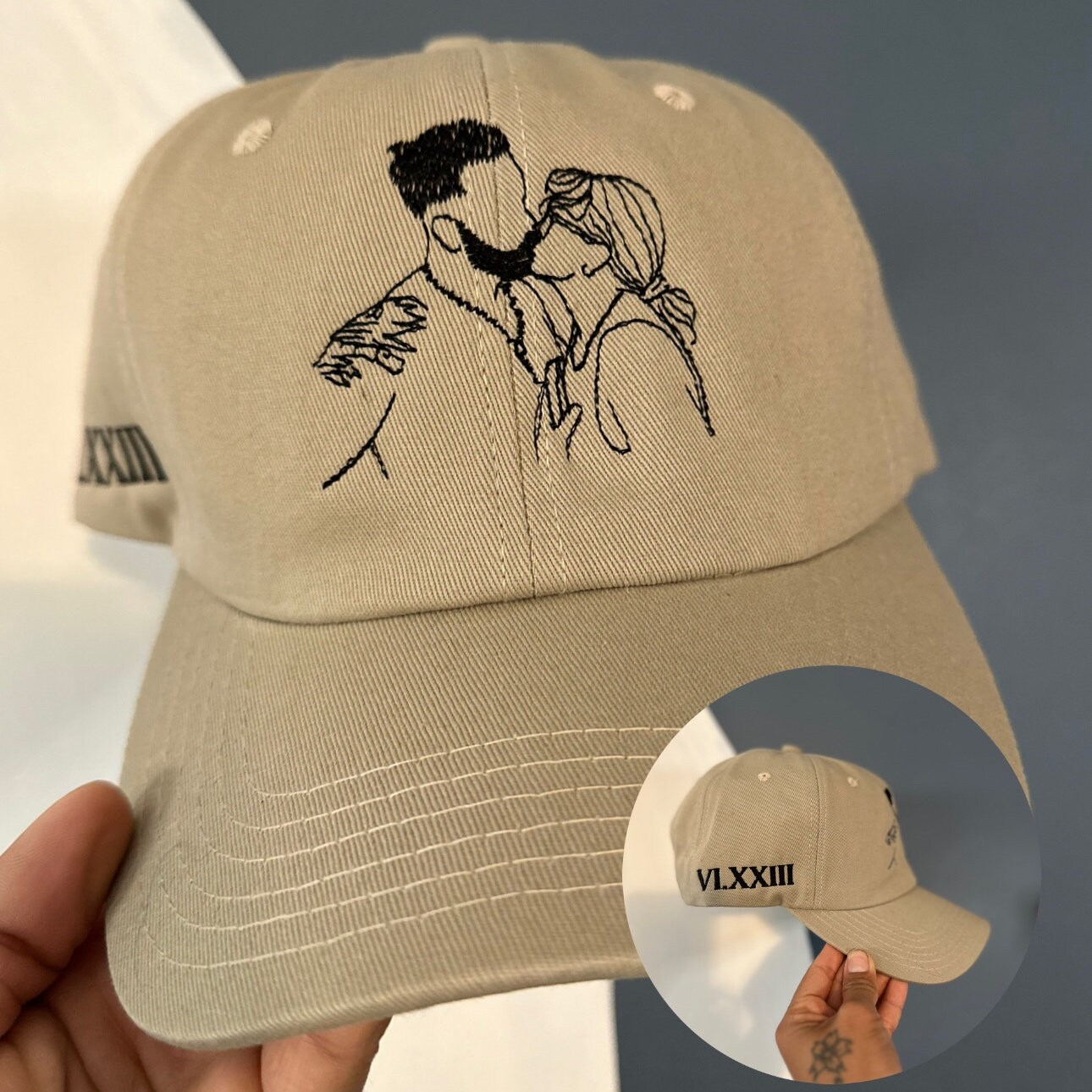 Line Art Portrait & Roman Numerals Date Embroidered Dad Hat - Couples Gift for Her & Him image 5