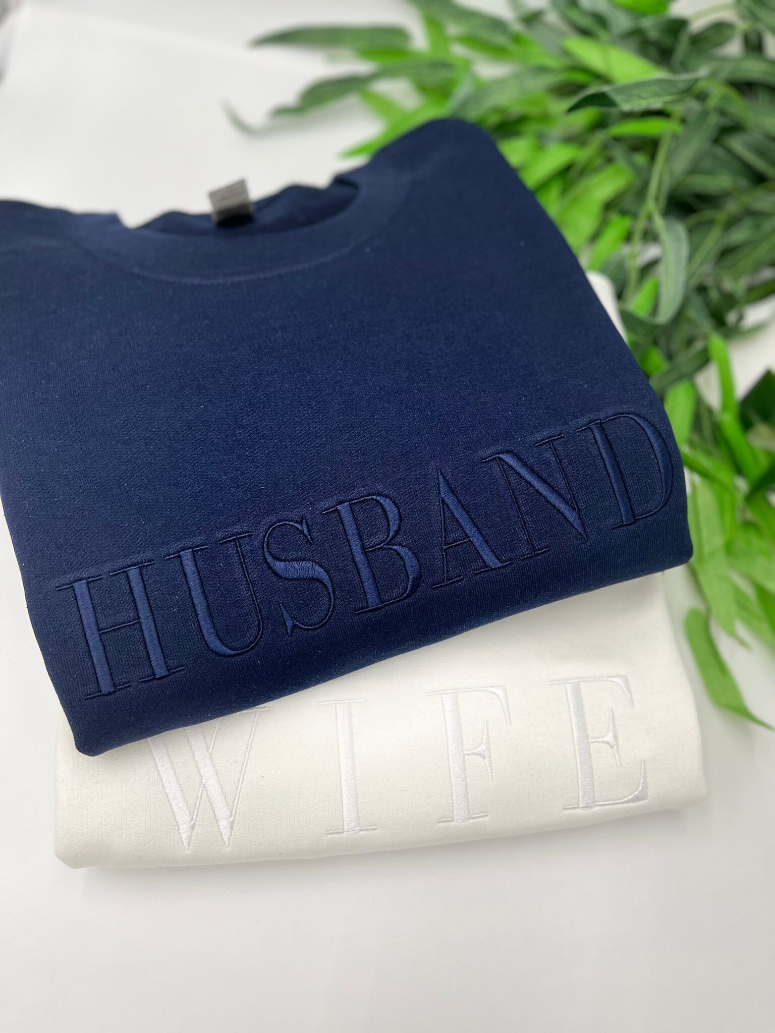 Wife Husband Embroidered Sweatshirt or Hoodie - Tone on Tone Honeymoon & Bridal Gift Wifey Hubby Bride Crewneck Mr. & Mrs. Pullover image 2