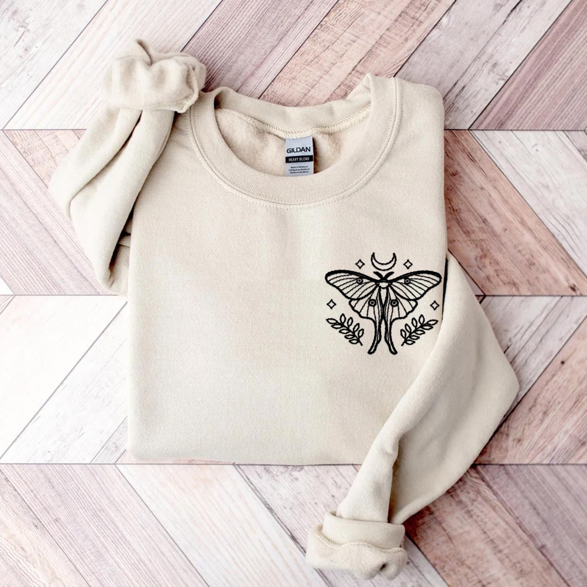 Embroidered Moth Shirt - Embroidered Sweatshirt Whimsigoth Clothes Dark Academia Cottagecore Shirt Witchy Sweater Goblincore Moon Phase image 1