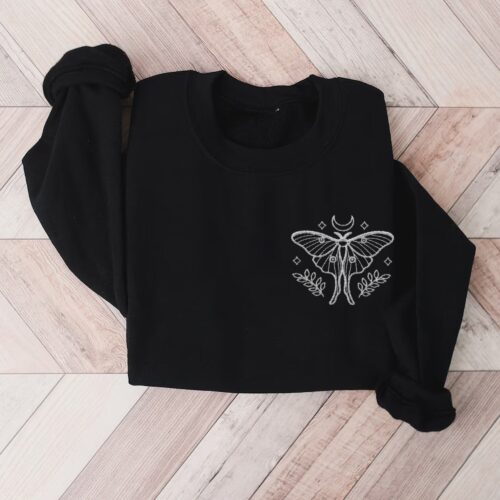 Embroidered Moth Shirt - Embroidered Sweatshirt Whimsigoth Clothes Dark Academia Cottagecore Shirt Witchy Sweater Goblincore Moon Phase image 0