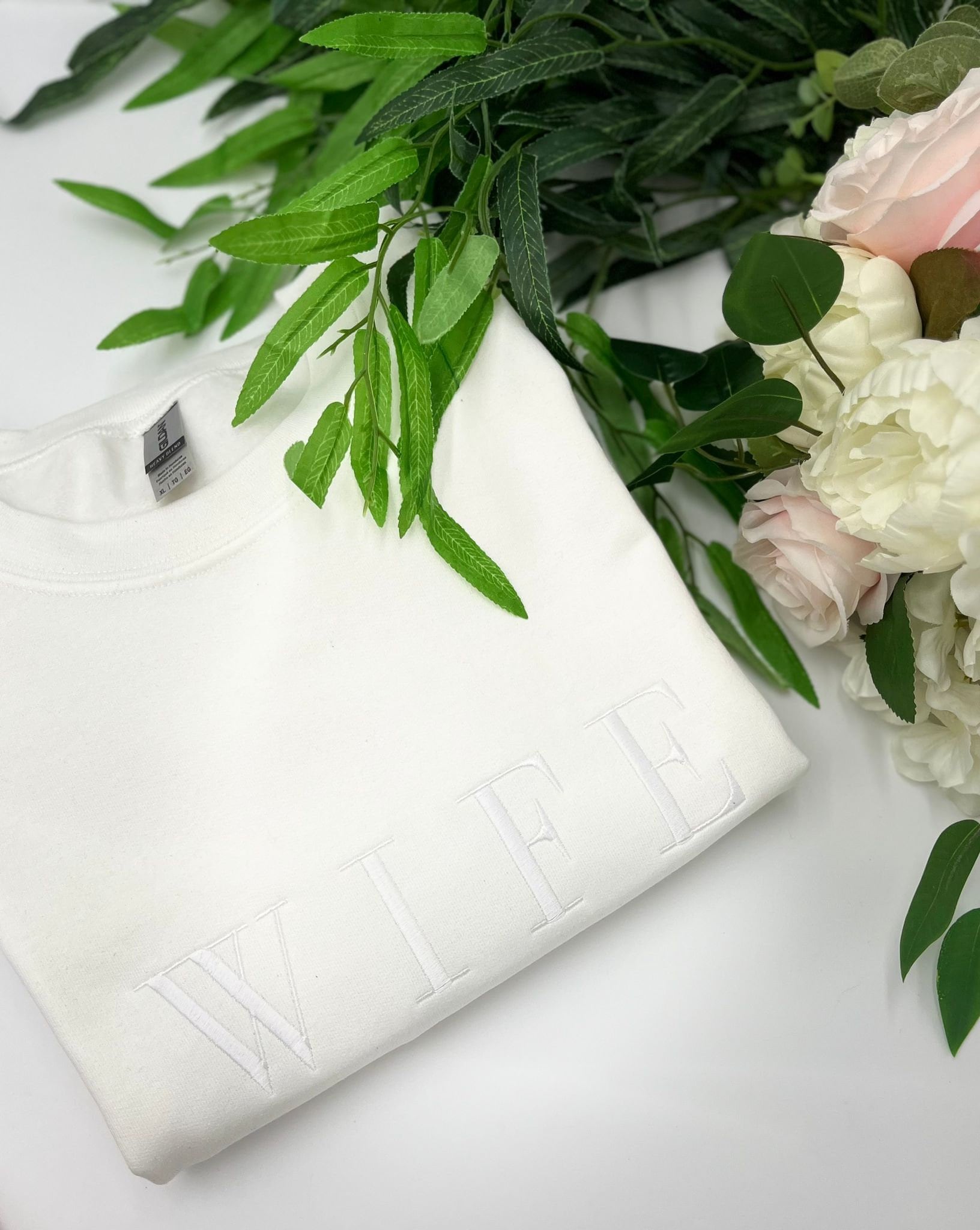 Wife Husband Embroidered Sweatshirt or Hoodie - Tone on Tone Honeymoon & Bridal Gift Wifey Hubby Bride Crewneck Mr. & Mrs. Pullover image 3