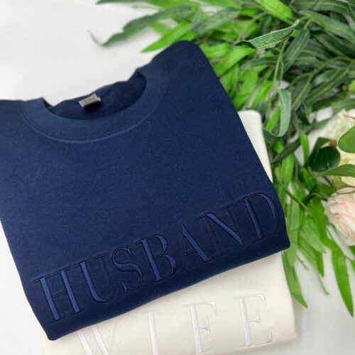 Wife Husband Embroidered Sweatshirt or Hoodie - Tone on Tone Honeymoon & Bridal Gift Wifey Hubby Bride Crewneck Mr. & Mrs. Pullover image 0