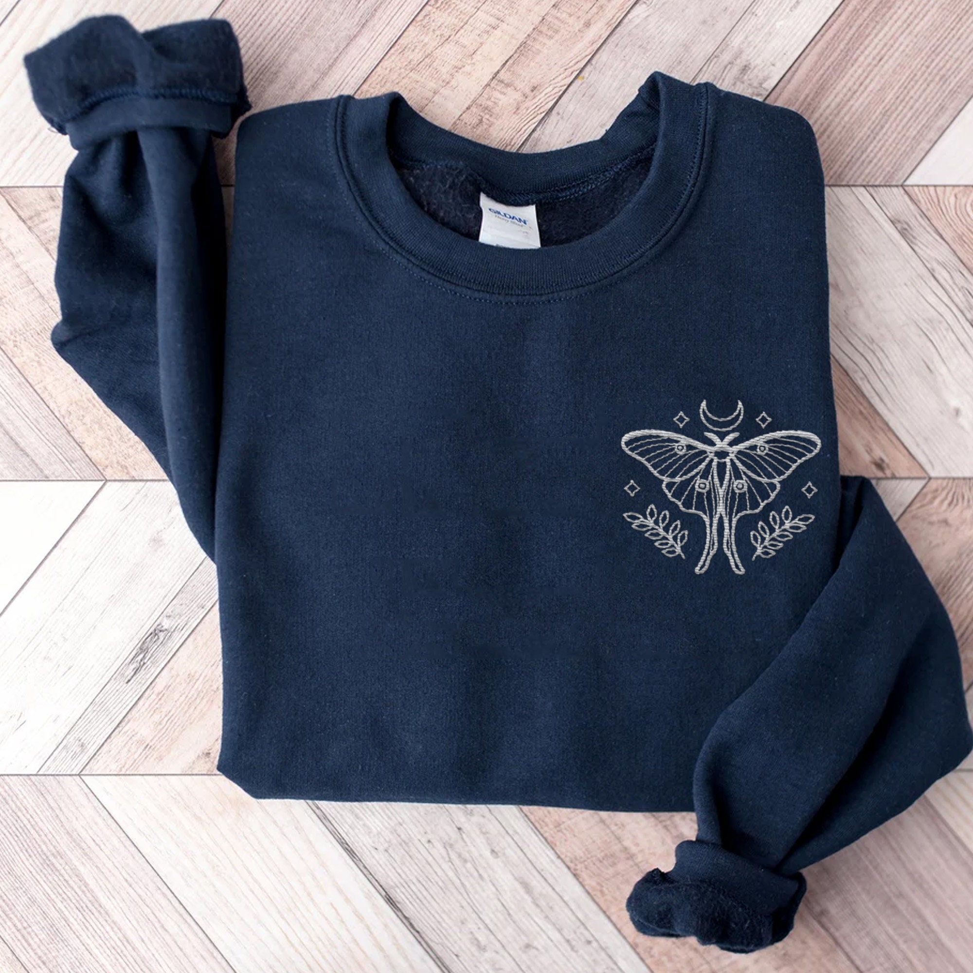 Embroidered Moth Shirt - Embroidered Sweatshirt Whimsigoth Clothes Dark Academia Cottagecore Shirt Witchy Sweater Goblincore Moon Phase image 3