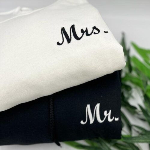 Mrs. and Mr. Embroidered Sweatshirt or Hoodie - Tone on Tone Honeymoon & Bridal Gift Wifey Hubby Bride Crewneck Wife Husband Pullover image 0