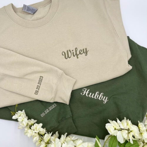 Custom Pocket Embroidered Hubby Wifey Sweatshirt or Hoodie with Date on Sleeve - Anniversary Year Sweatshirt Couple Shirt Personalized Date image 0