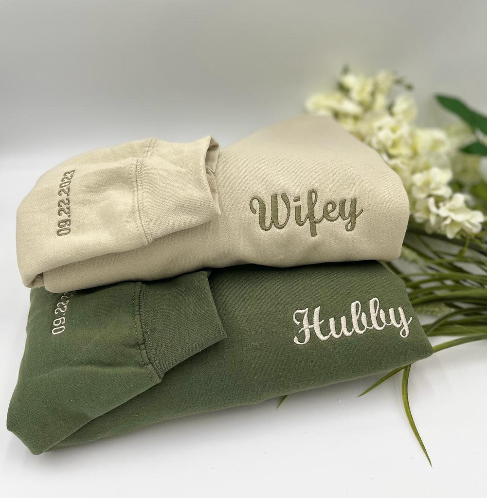 Custom Pocket Embroidered Hubby Wifey Sweatshirt or Hoodie with Date on Sleeve - Anniversary Year Sweatshirt Couple Shirt Personalized Date image 1