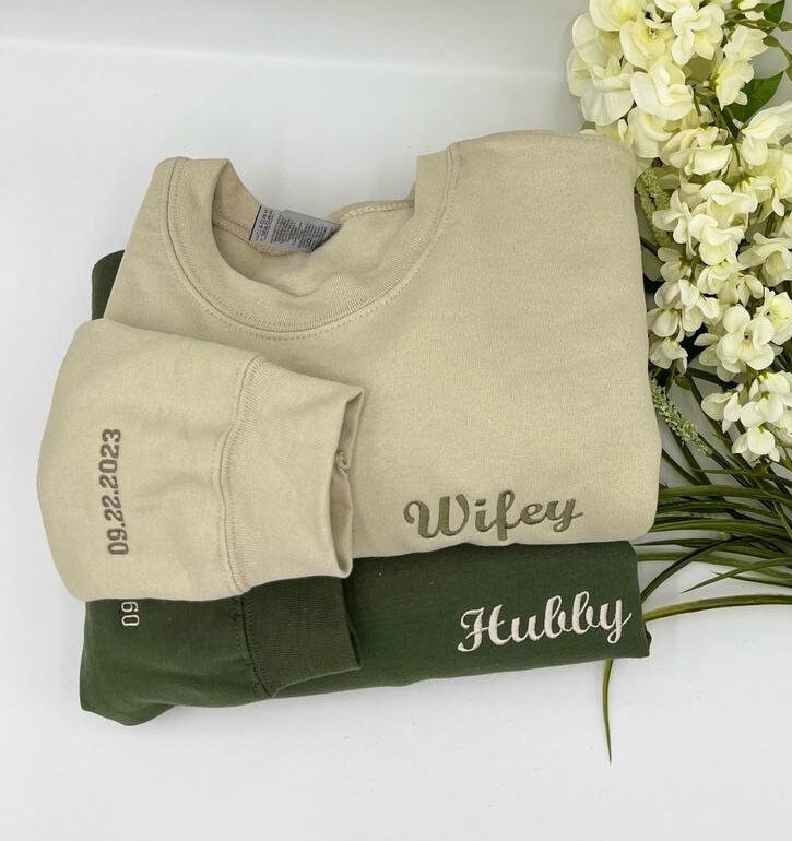 Custom Pocket Embroidered Hubby Wifey Sweatshirt or Hoodie with Date on Sleeve - Anniversary Year Sweatshirt Couple Shirt Personalized Date image 2