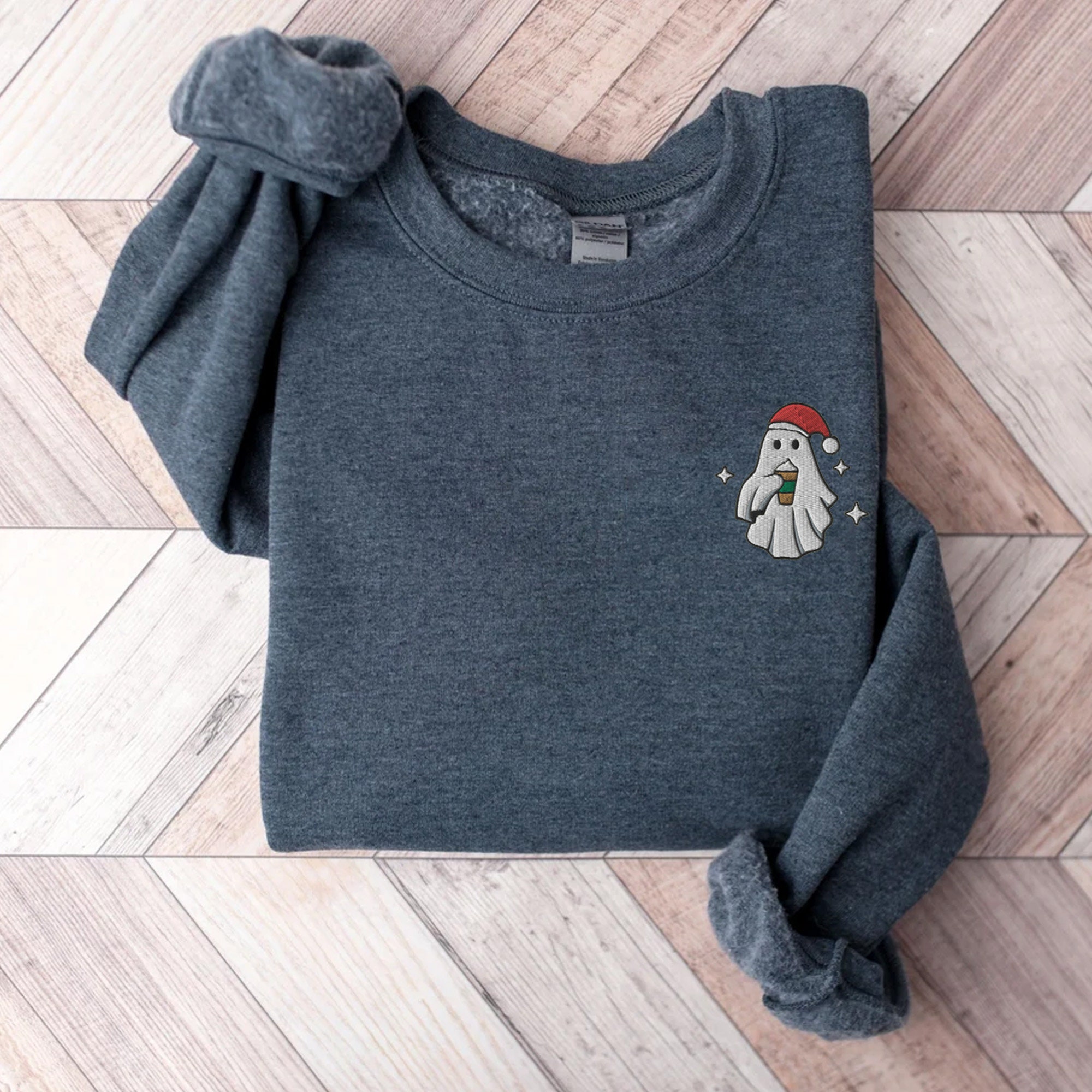 Embroidered Ghost Sweatshirt - Coffee Ghost Christmas Sweatshirt Winter Sweater for Women Christmas Crewneck Ghost Shirt Spooky Season image 3