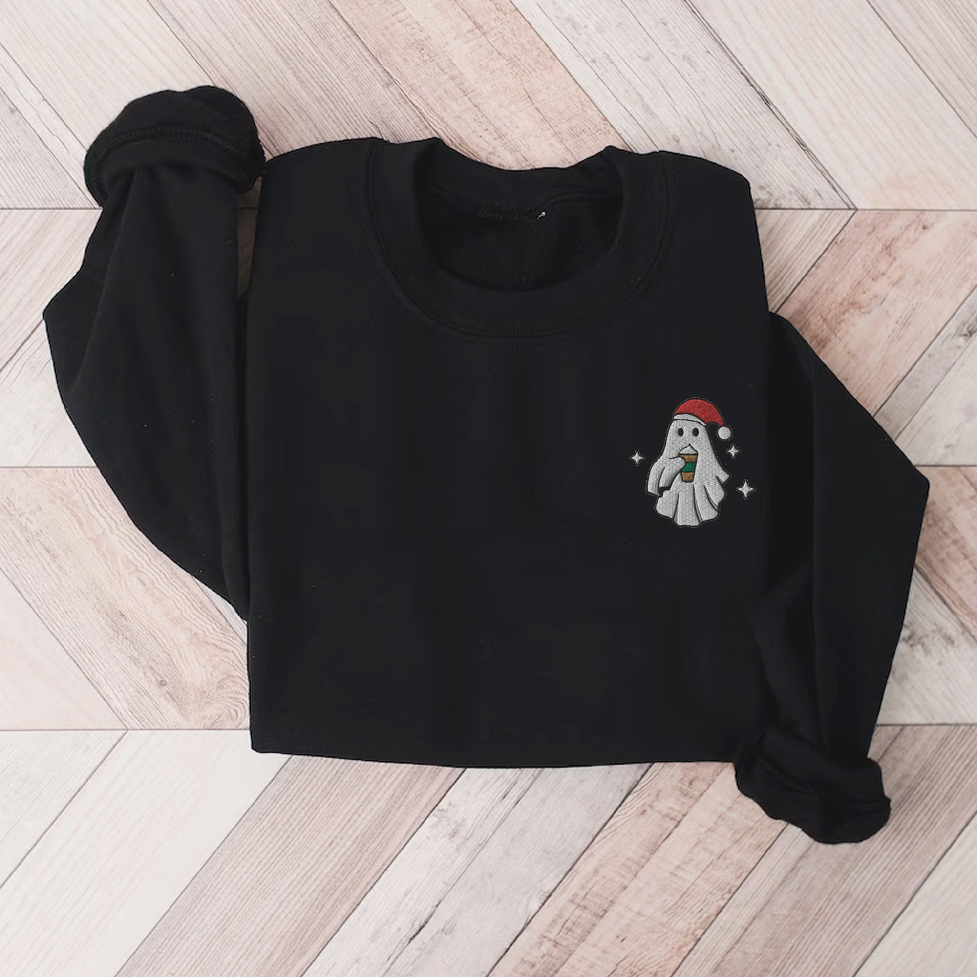 Embroidered Ghost Sweatshirt - Coffee Ghost Christmas Sweatshirt Winter Sweater for Women Christmas Crewneck Ghost Shirt Spooky Season image 2