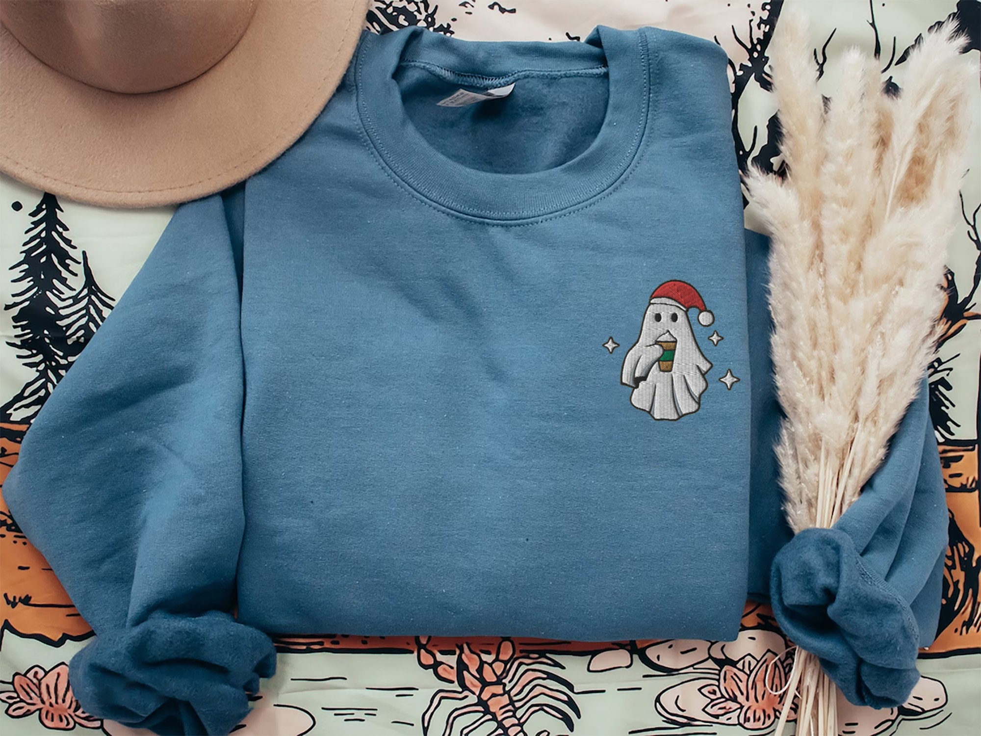 Embroidered Ghost Sweatshirt - Coffee Ghost Christmas Sweatshirt Winter Sweater for Women Christmas Crewneck Ghost Shirt Spooky Season image 6