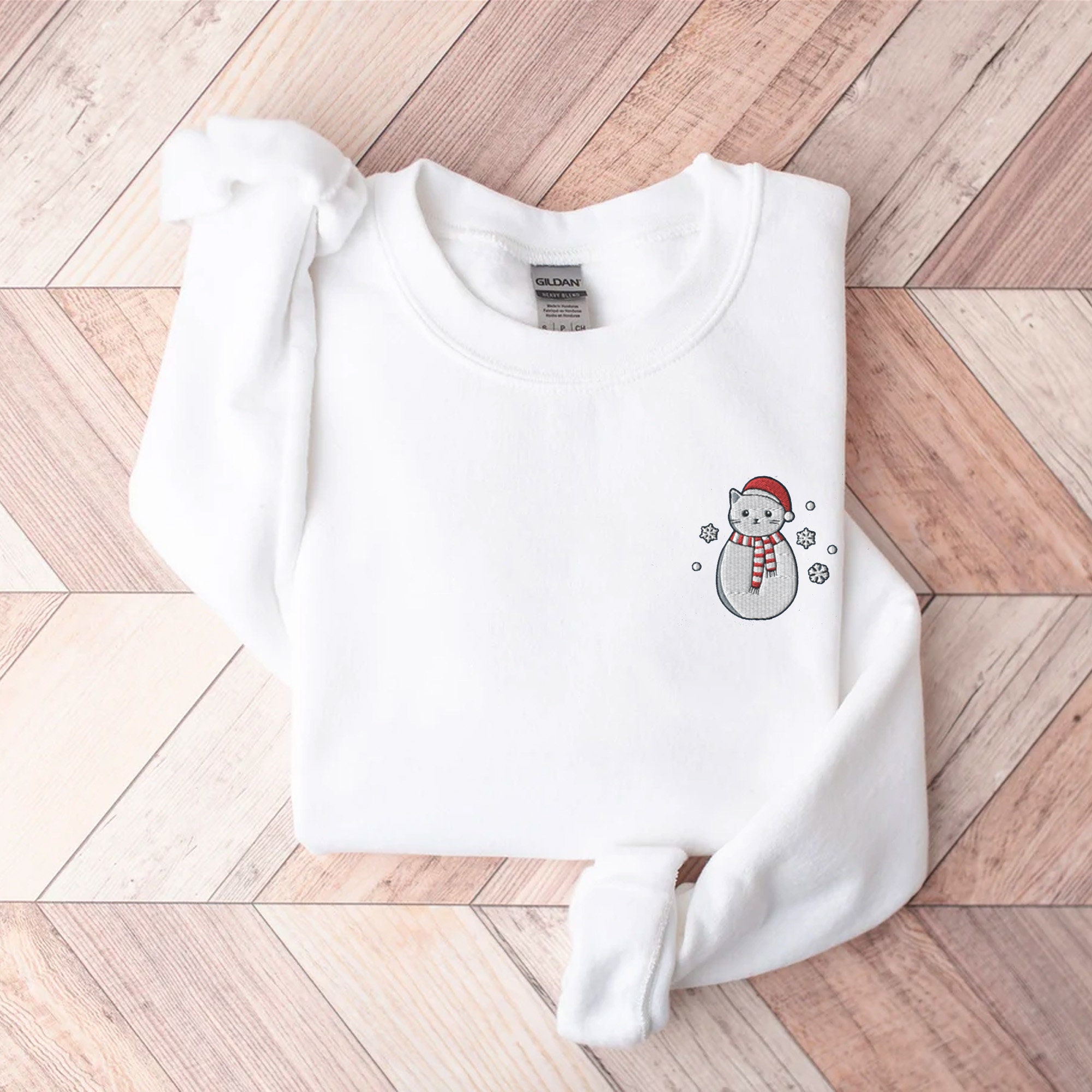 Embroidered Snowman Cat Sweatshirt Christmas Sweatshirt Snowman Shirt Holiday Sweatshirt for Women Christmas Crewneck Black Cat Cute image 7