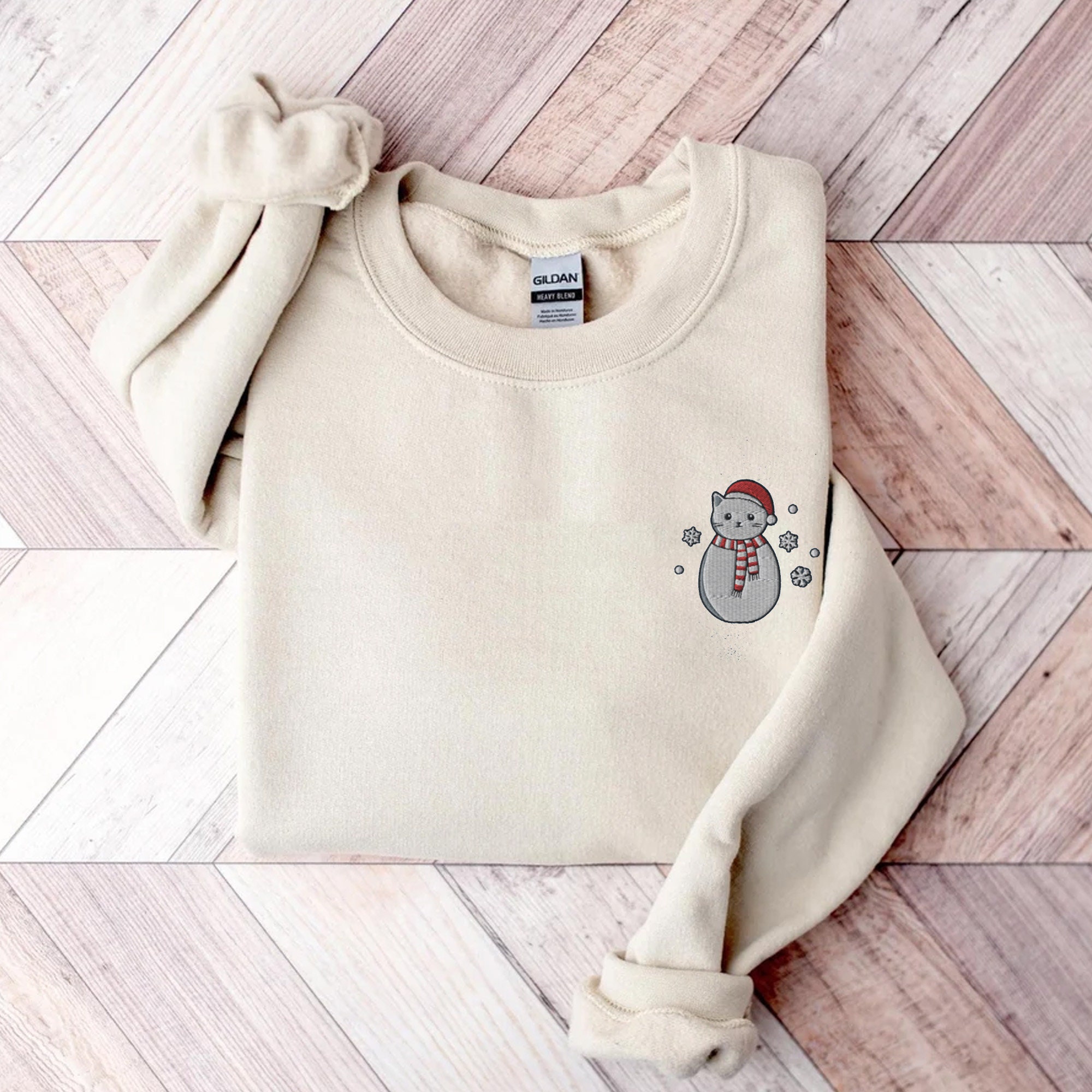 Embroidered Snowman Cat Sweatshirt Christmas Sweatshirt Snowman Shirt Holiday Sweatshirt for Women Christmas Crewneck Black Cat Cute image 2