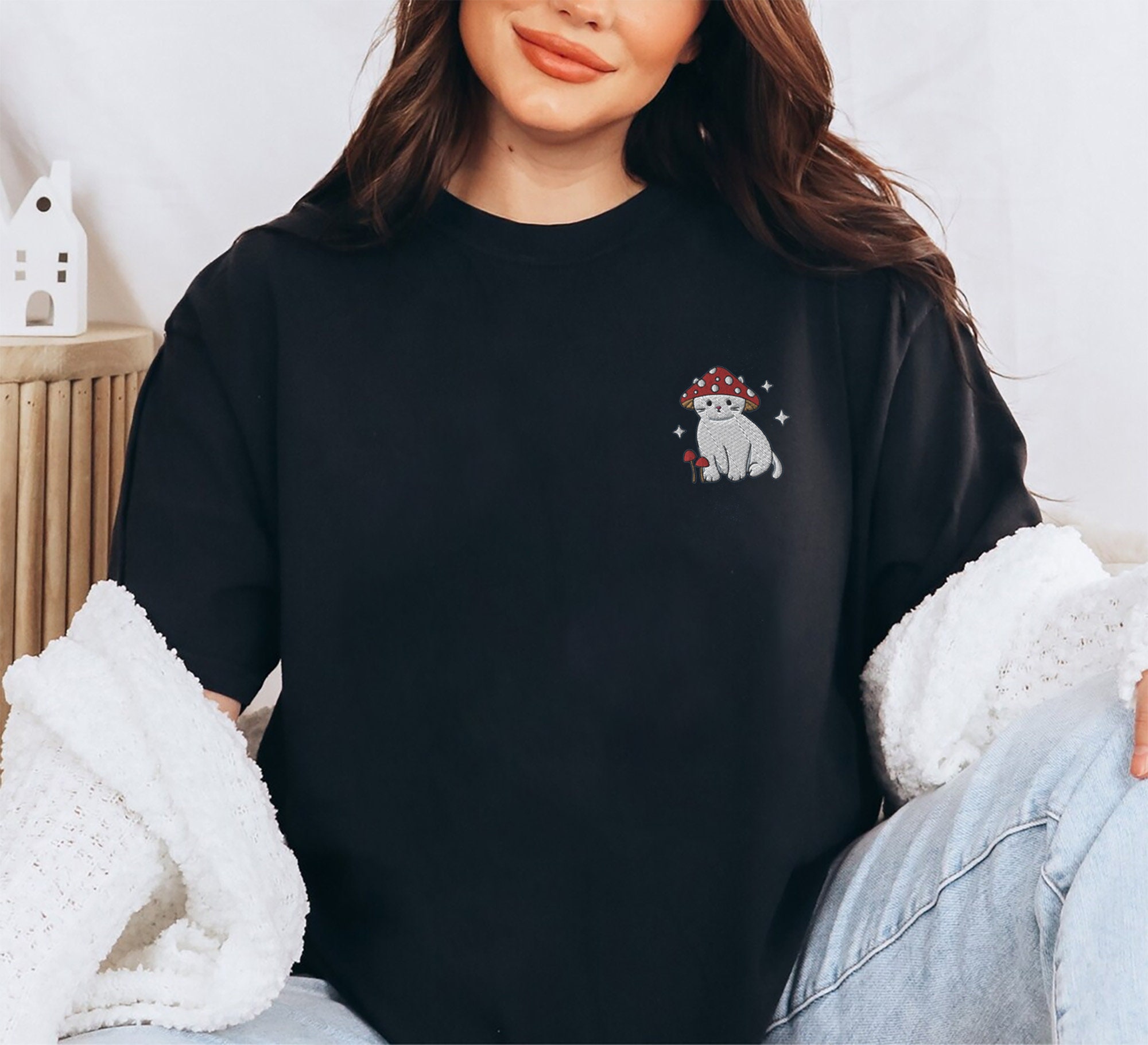 Embroidered Mushroom Cat Sweatshirt Cute Cat Sweatshirt Cat Lover Gift Mushroom Sweatshirt Cat Mom Sweatshirt Cottagecore Shirt image 1