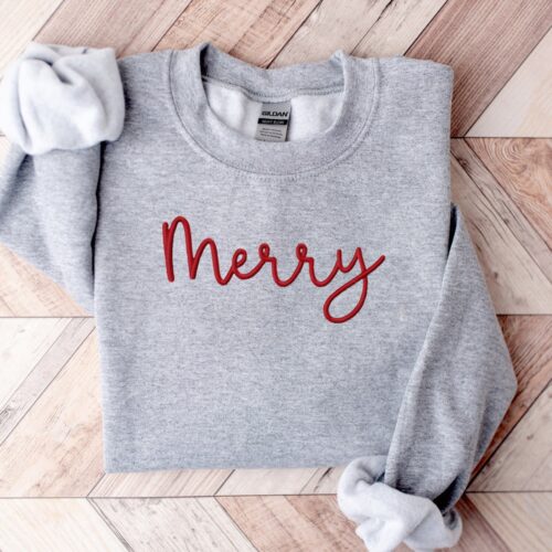 Merry Christmas Embroidered Sweatshirt Cozy Holiday Crewneck Sweater image 0