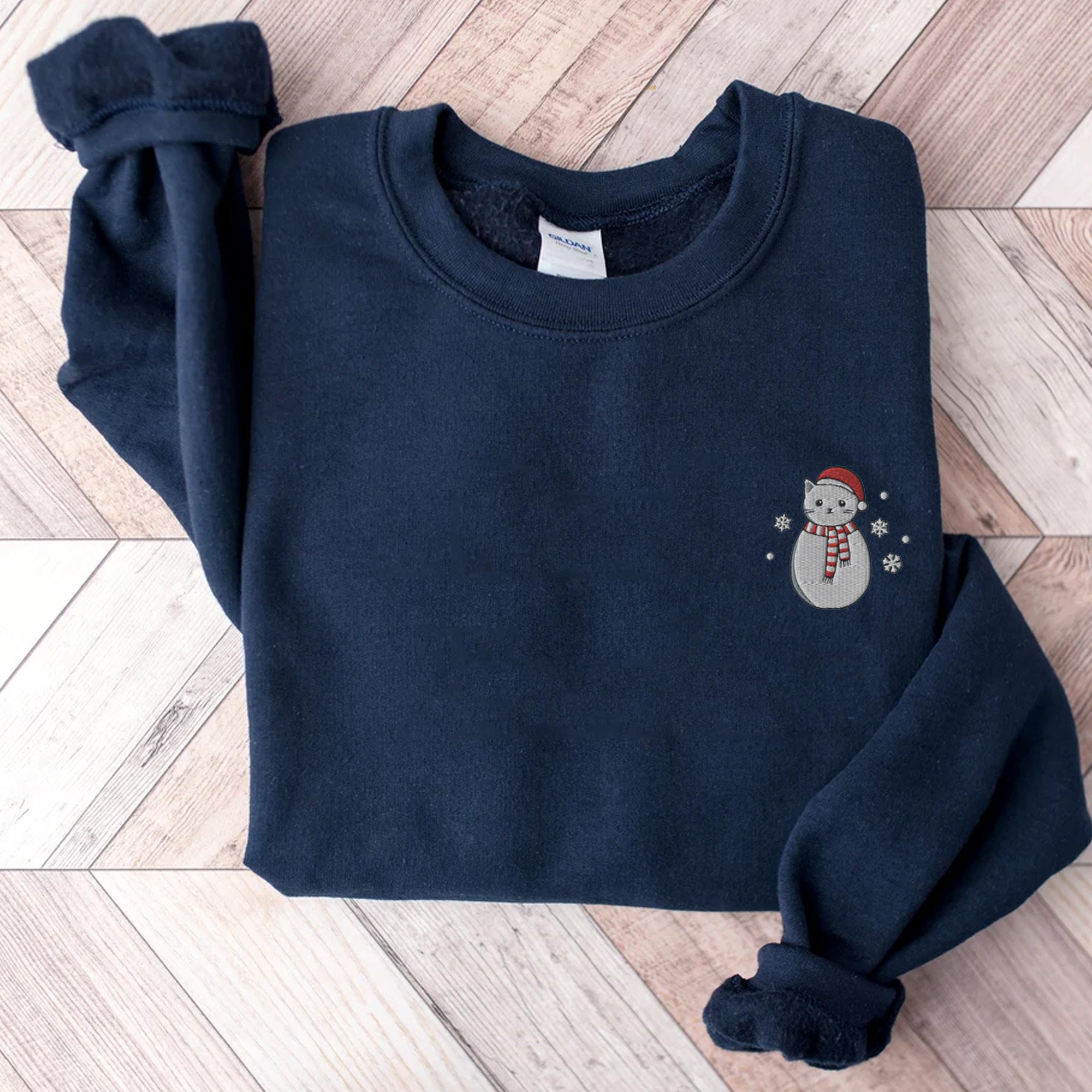 Embroidered Snowman Cat Sweatshirt Christmas Sweatshirt Snowman Shirt Holiday Sweatshirt for Women Christmas Crewneck Black Cat Cute image 6