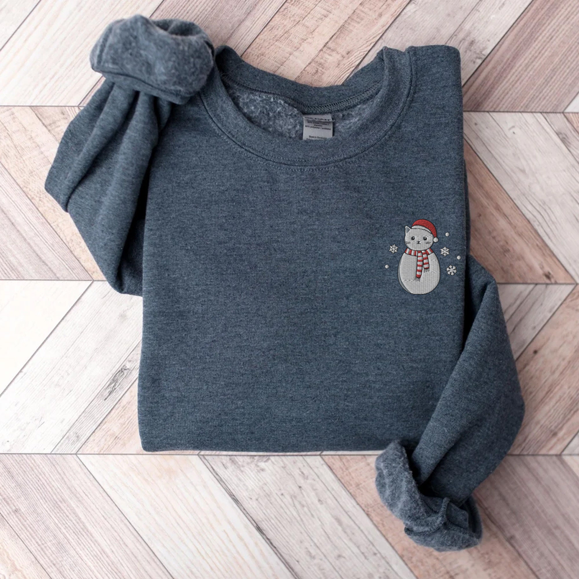 Embroidered Snowman Cat Sweatshirt Christmas Sweatshirt Snowman Shirt Holiday Sweatshirt for Women Christmas Crewneck Black Cat Cute image 4