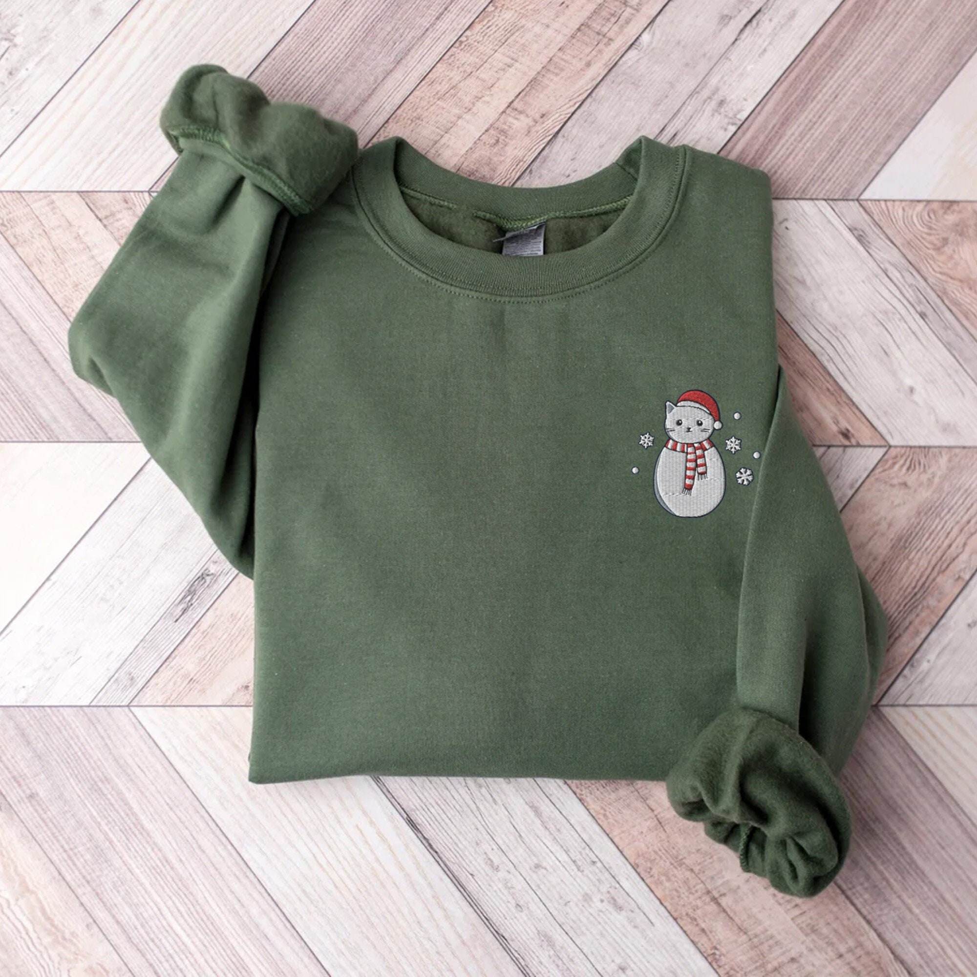 Embroidered Snowman Cat Sweatshirt Christmas Sweatshirt Snowman Shirt Holiday Sweatshirt for Women Christmas Crewneck Black Cat Cute image 1