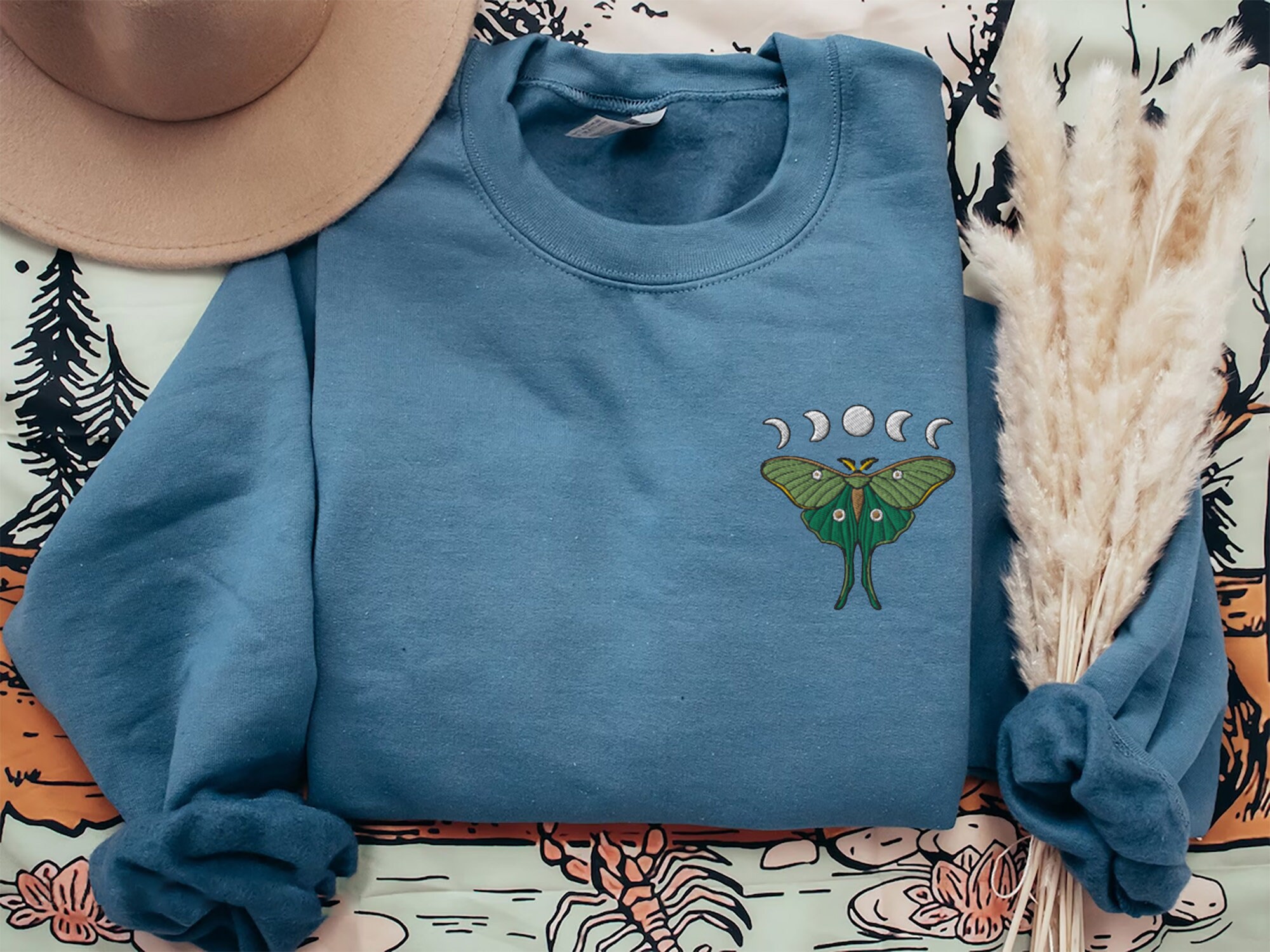 Embroidered Moth Shirt - Embroidered Sweatshirt Whimsigoth Clothes Dark Academia Cottagecore Shirt Witchy Sweater Goblincore Moon Phase image 2