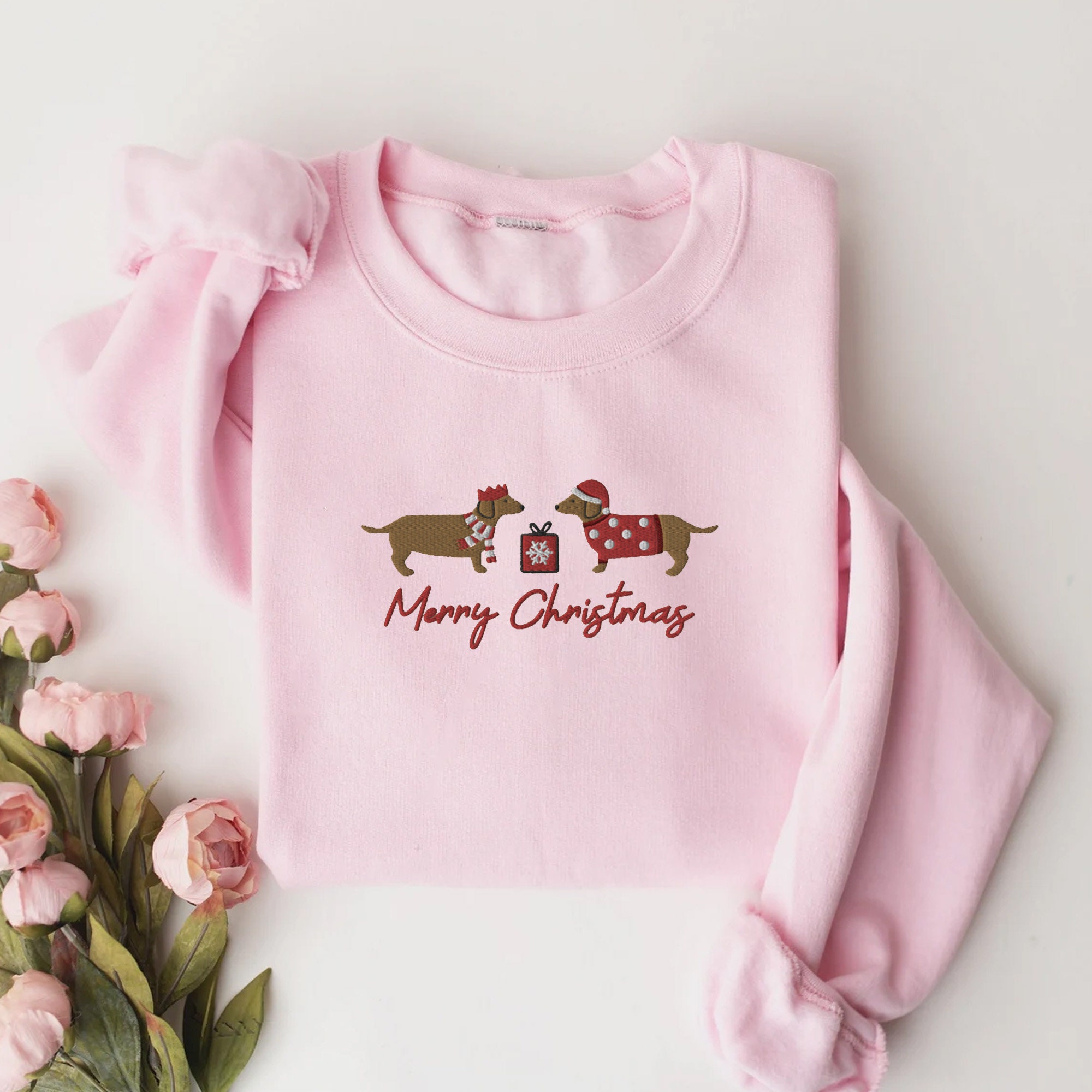 Embroidered Weiner Dog Christmas Sweatshirt - Christmas Dachshund Shirt Christmas Crewneck Dachshund Lover Gift Doxie Mom Dachshund Dog image 2