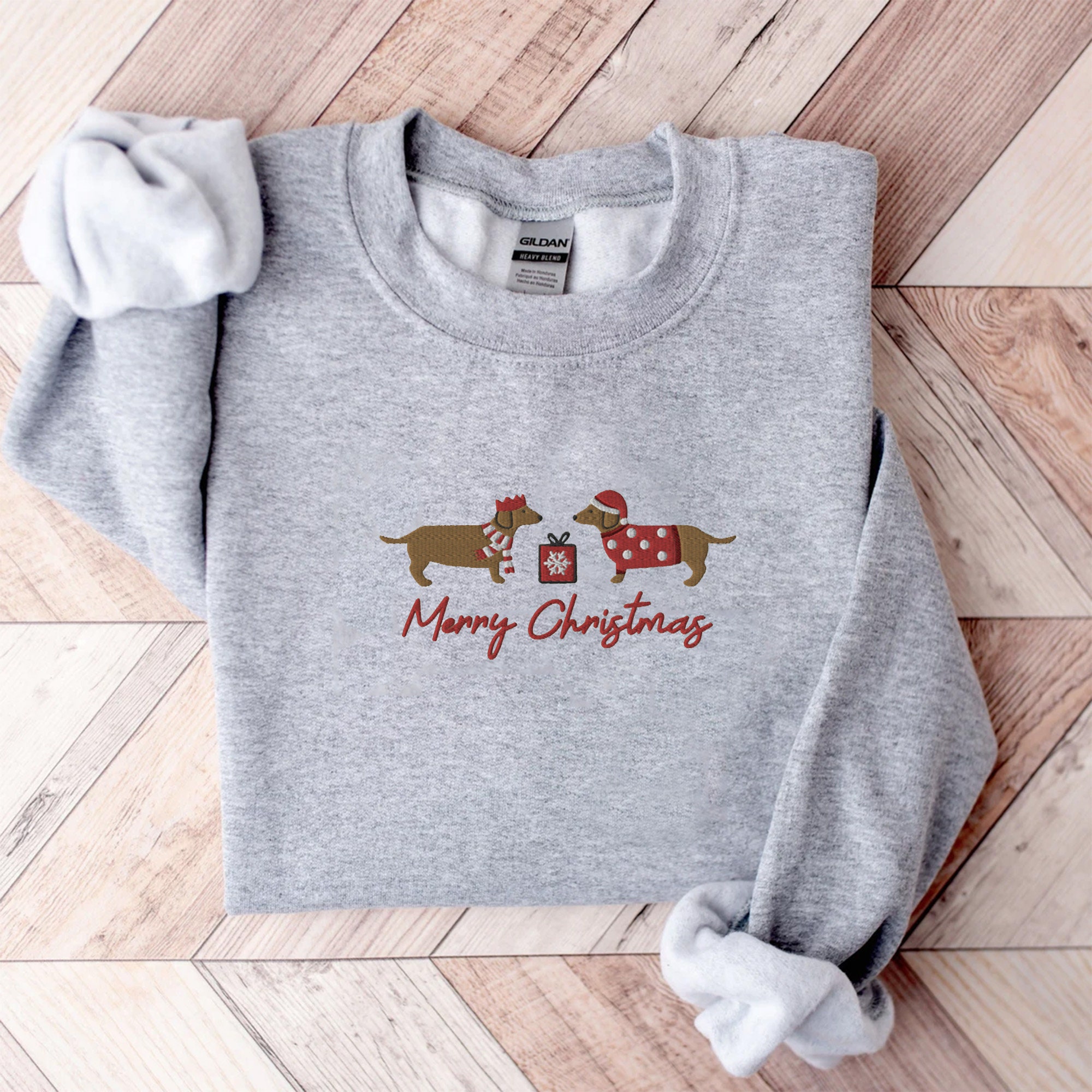 Embroidered Weiner Dog Christmas Sweatshirt - Christmas Dachshund Shirt Christmas Crewneck Dachshund Lover Gift Doxie Mom Dachshund Dog image 1
