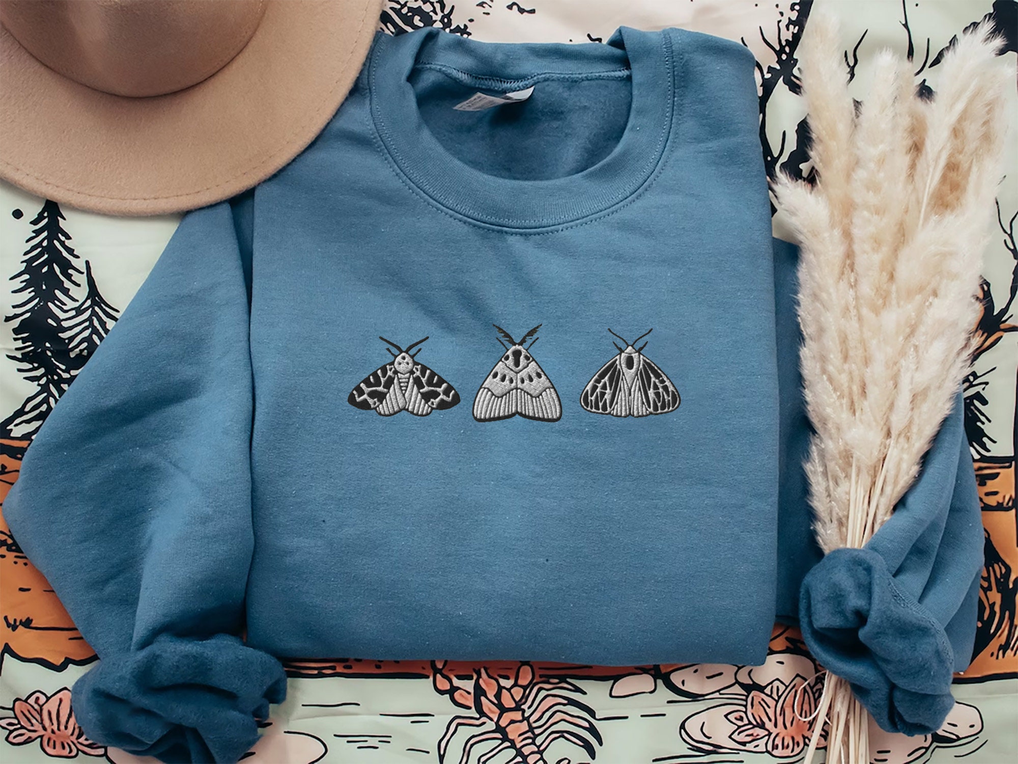 Embroidered Moth Shirt - Embroidered Sweatshirt Whimsigoth Clothes Dark Academia Cottagecore Shirt Witchy Sweater Goblincore Moon Phase image 2