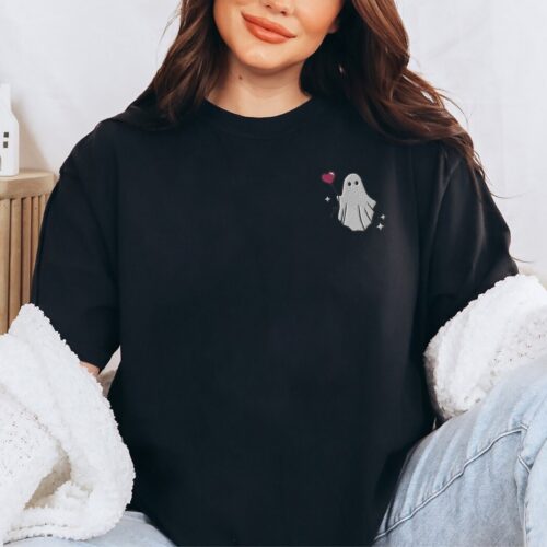 Embroidered Valentine Shirt - Valentines Ghost Shirt Cute Ghost Shirt Valentines Gift Spooky Valentine Crewneck Galentines Shirt Comfort Shirt image 0