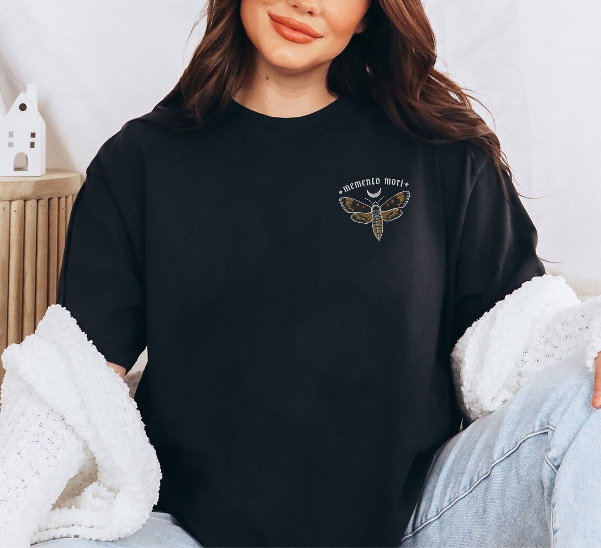 Embroidered Moth Shirt - Whimsigoth Clothes Dark Academia Cottagecore Shirt Witchy Sweater Goblincore Moon Phases image 1