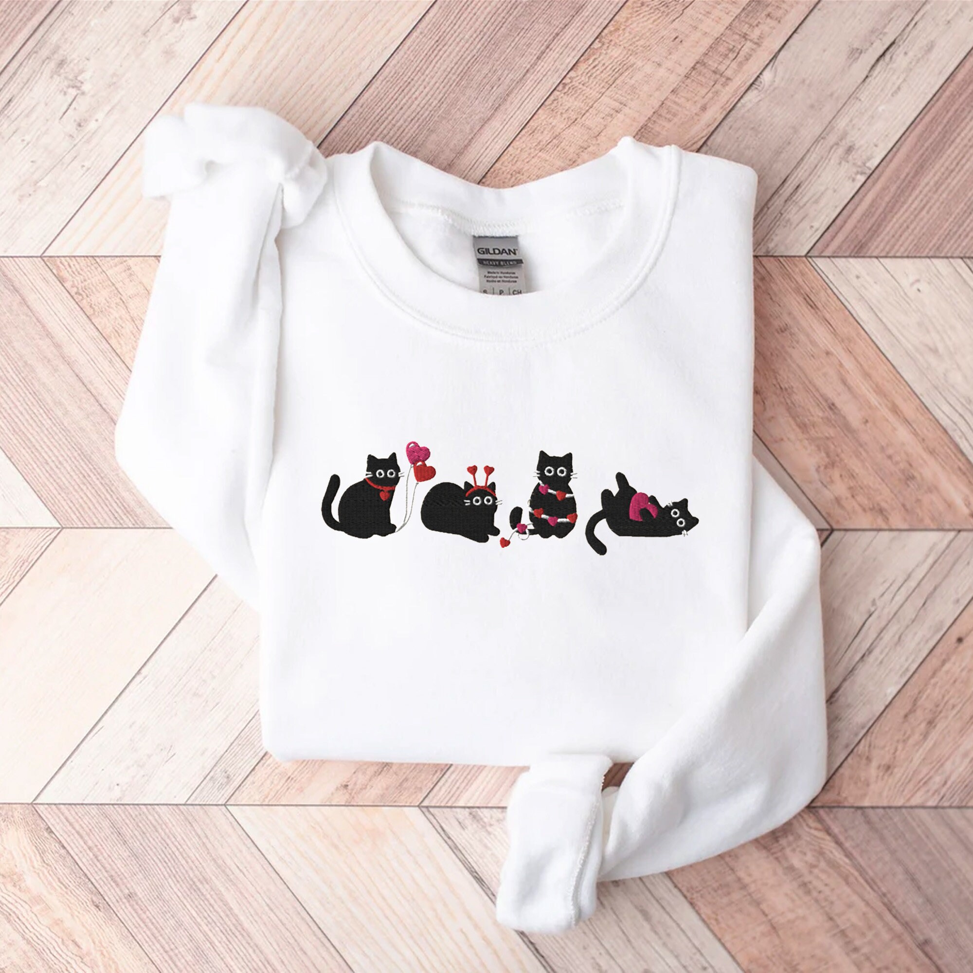 Embroidered Valentines Cat Shirt - Cat Lover Shirt Valentines Sweatshirt Cat Mom Shirt Black Cat Shirt Love Sweatshirt For Women Heart image 4