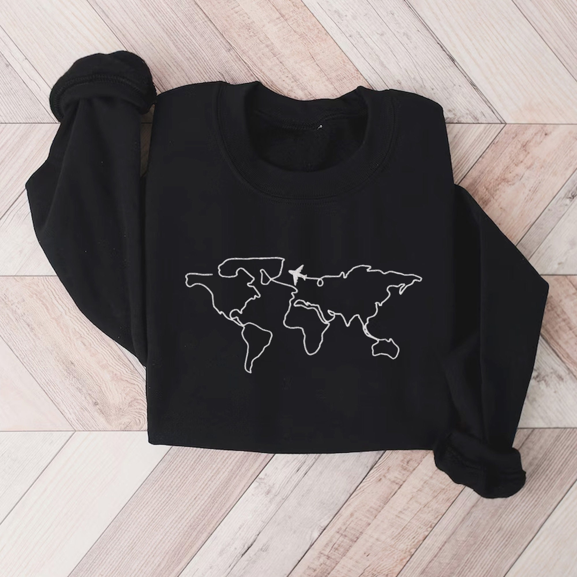 Embroidered Travel Sweatshirt - Airplane Sweatshirt Gift for Travel Map Sweatshirt Adventure Hoodie Honeymoon Sweatshirt Vacation Shirt image 2