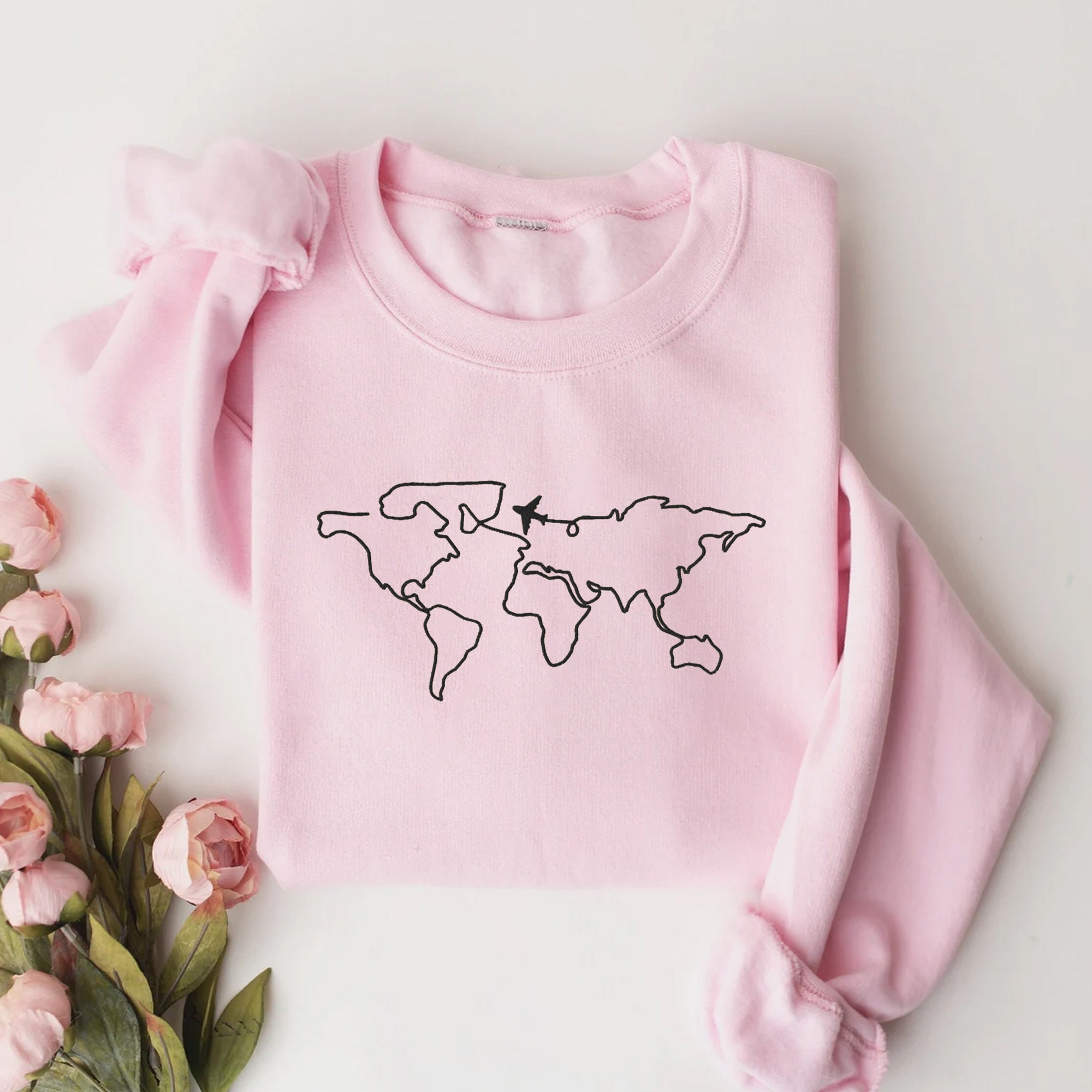 Embroidered Travel Sweatshirt - Airplane Sweatshirt Gift for Travel Map Sweatshirt Adventure Hoodie Honeymoon Sweatshirt Vacation Shirt image 3