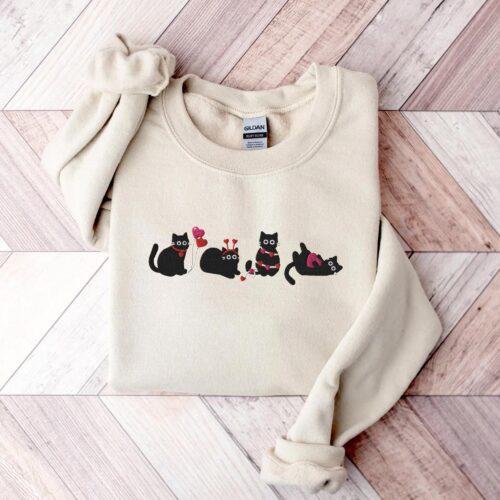 Embroidered Valentines Cat Shirt - Cat Lover Shirt Valentines Sweatshirt Cat Mom Shirt Black Cat Shirt Love Sweatshirt For Women Heart image 0