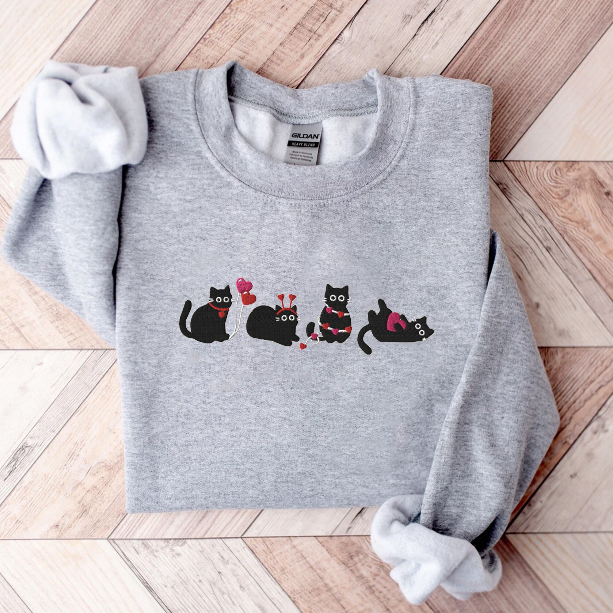 Embroidered Valentines Cat Shirt - Cat Lover Shirt Valentines Sweatshirt Cat Mom Shirt Black Cat Shirt Love Sweatshirt For Women Heart image 3