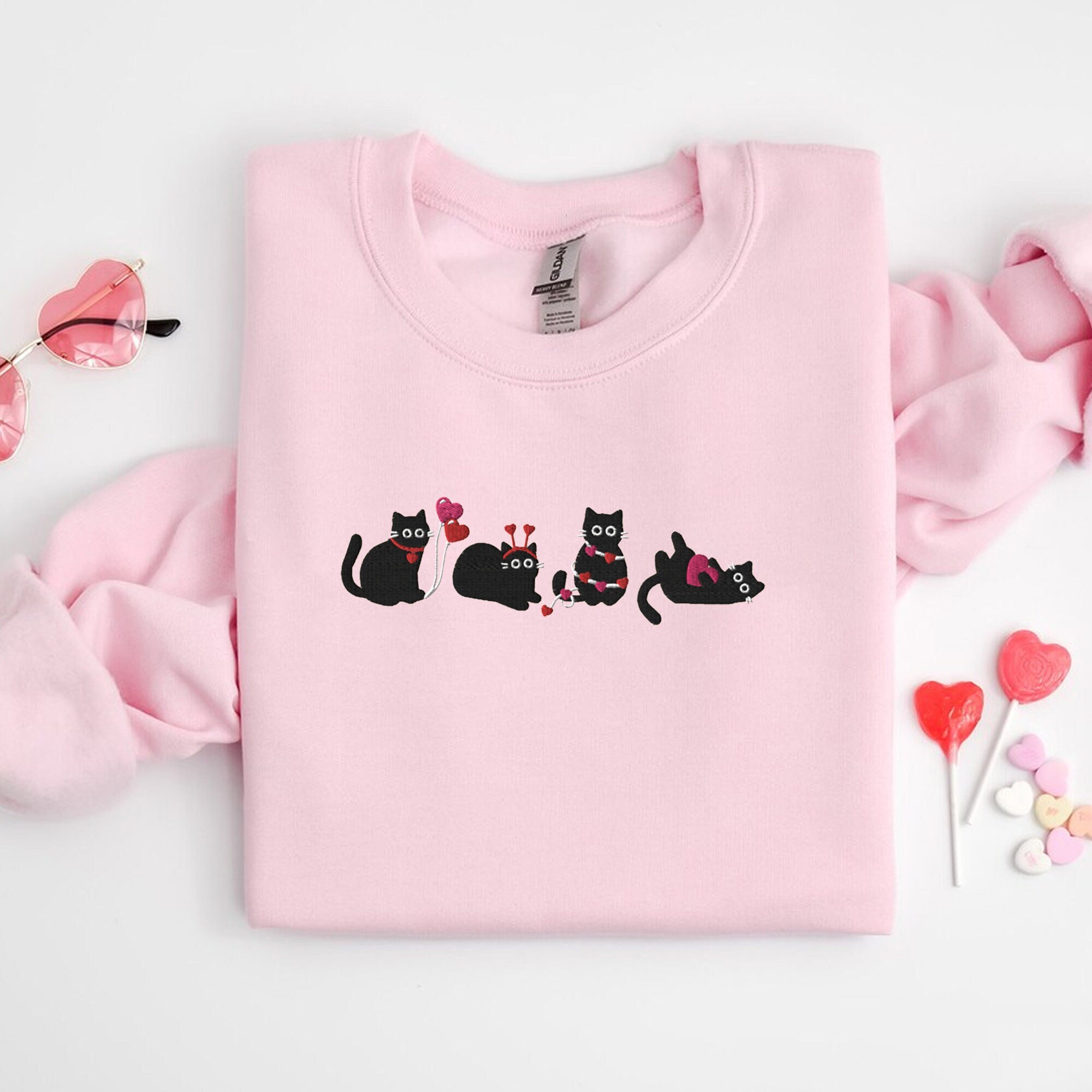 Embroidered Valentines Cat Shirt - Cat Lover Shirt Valentines Sweatshirt Cat Mom Shirt Black Cat Shirt Love Sweatshirt For Women Heart image 1