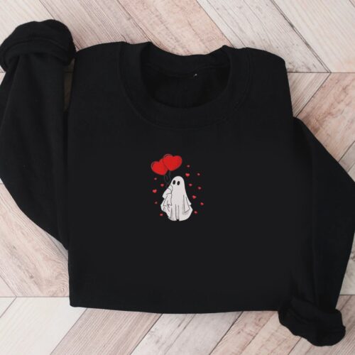 Valentine Ghost Embroidered Sweatshirt Valentine's Day Heart Crewneck Sweater image 0