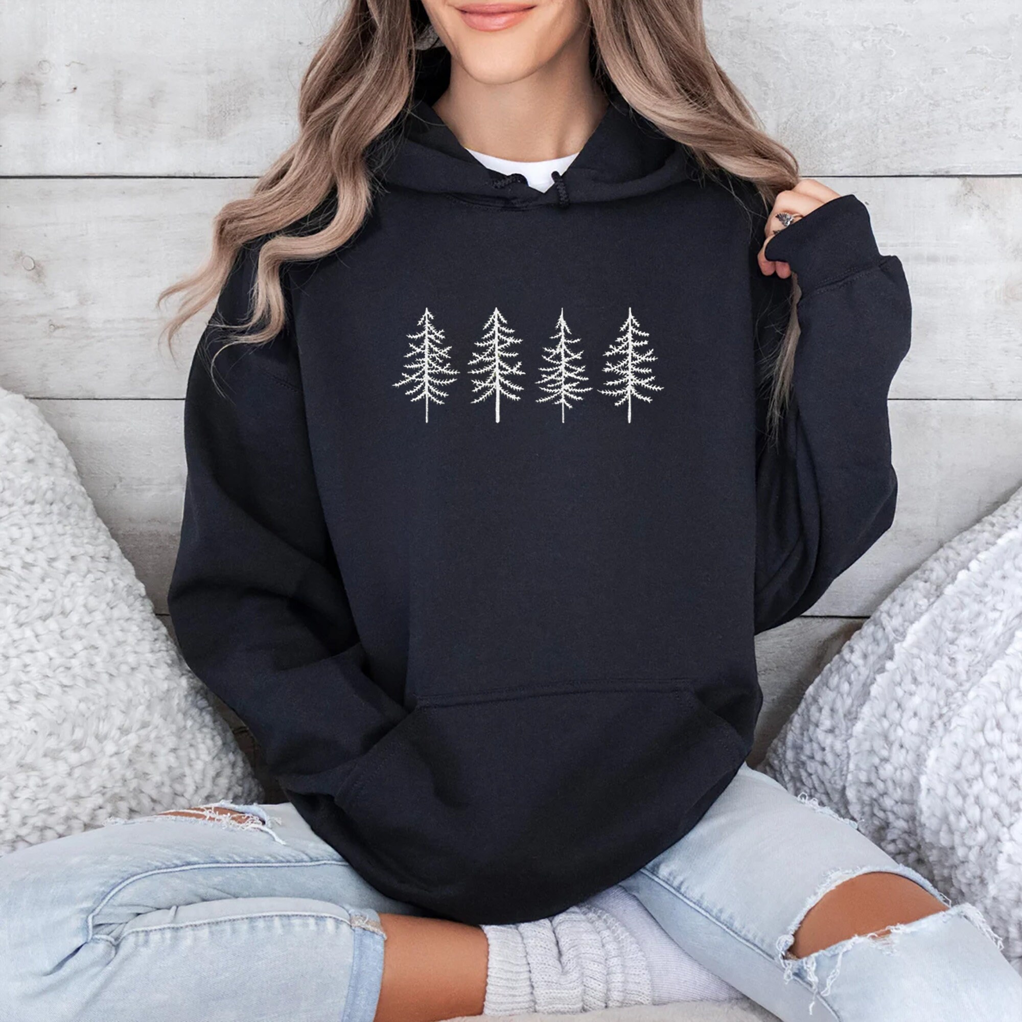 Embroidered Pine Tree Hoodie - Camping Hoodie Hiking Shirt Nature Lover Gift Travel Sweatshirt Forest Hoodie Gift for Her Gift for Him image 2