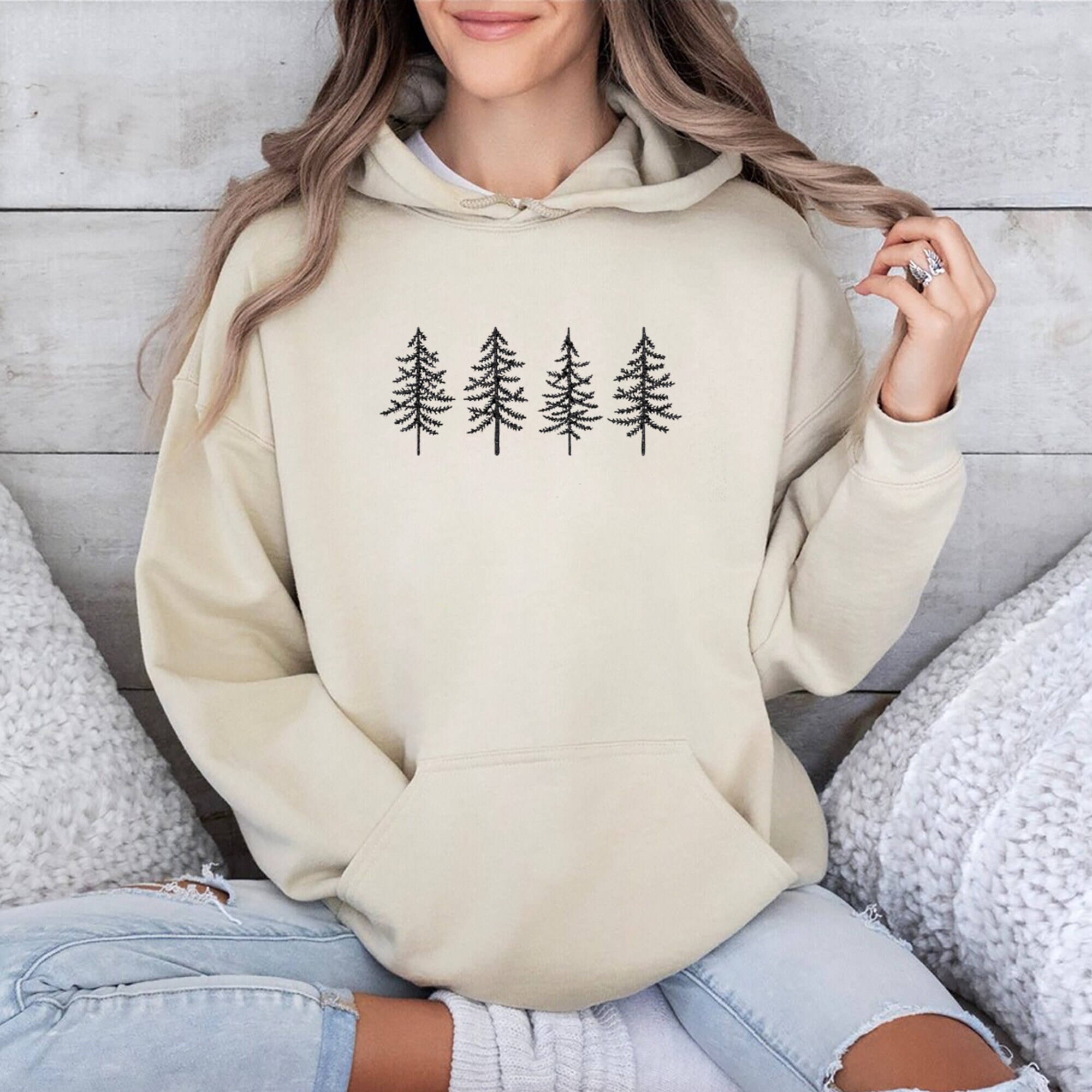 Embroidered Pine Tree Hoodie - Camping Hoodie Hiking Shirt Nature Lover Gift Travel Sweatshirt Forest Hoodie Gift for Her Gift for Him image 3