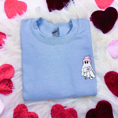 Valentine Embroidered Sweatshirt Cute Ghost Valentines Day Sweater Spooky Valentine Crewneck Gift image 0