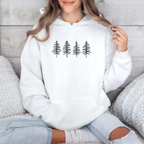 Embroidered Pine Tree Hoodie - Camping Hoodie Hiking Shirt Nature Lover Gift Travel Sweatshirt Forest Hoodie Gift for Her Gift for Him image 0