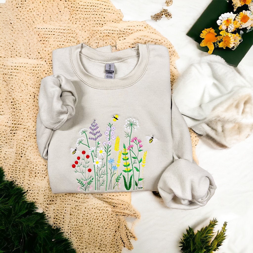 Cottage Core Wildflower Bee Embroidered Sweatshirt Botanical Meadow Crewneck image 1