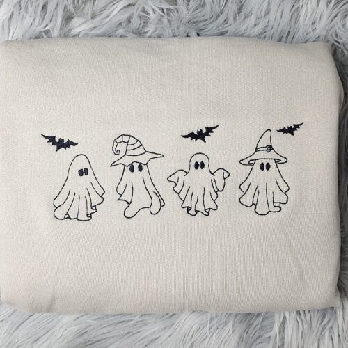 Cute Halloween Ghost Embroidered Crewneck Sweatshirt Spooky Bats and Ghosts Design image 0