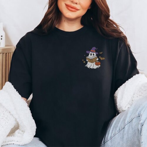 Embroidered Book Ghost Shirt Halloween Comfort Colors Crewneck Fall Sweatshirt for Women Book Lover Shirt Cute Pumpkin Shirt Spooky Season image 0