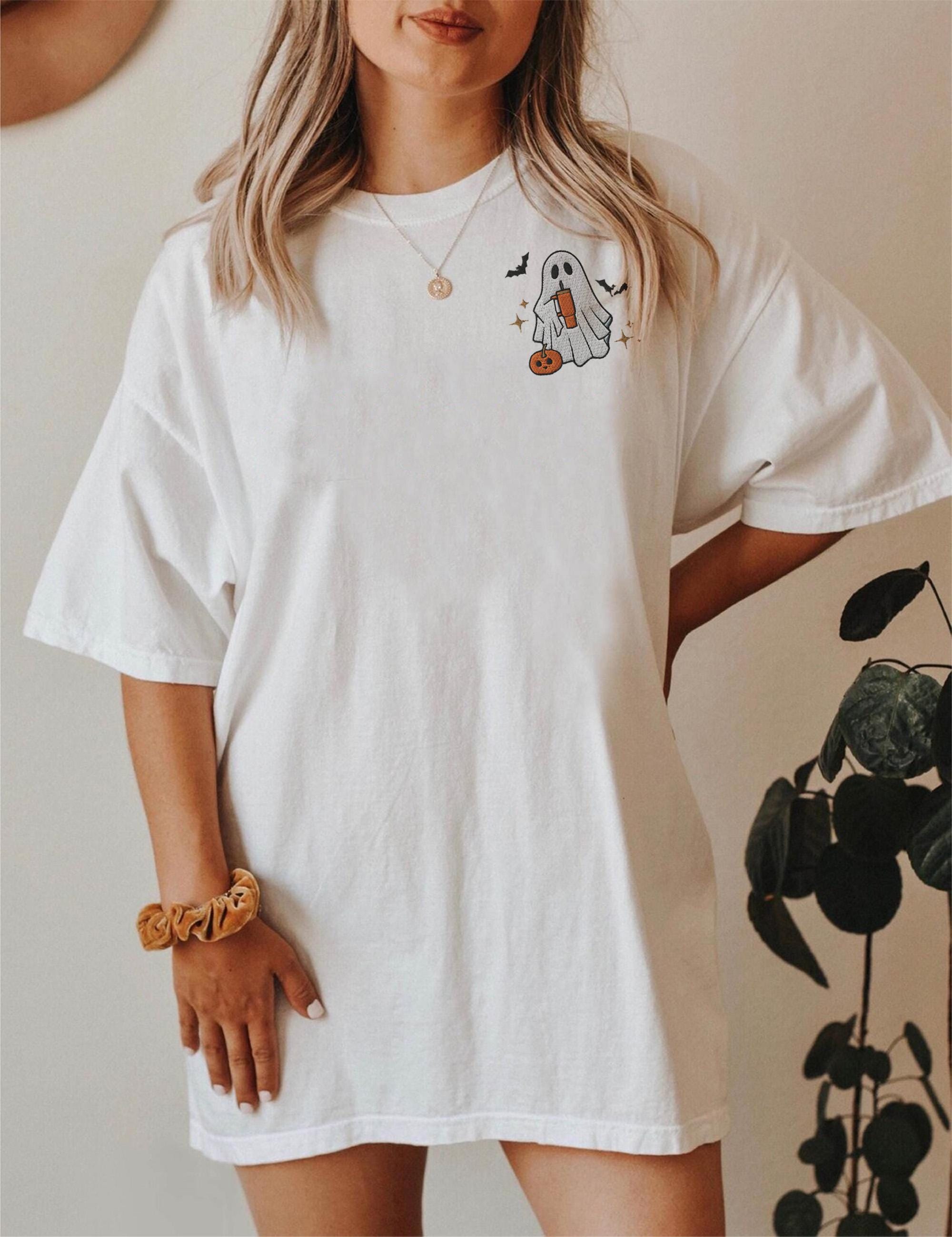 Embroidered Cute Ghost Shirt Halloween Comfort Colors Water Tumbler Pumpkin Shirt Fall Crewneck for Women Whimsigoth Spooky Season image 1