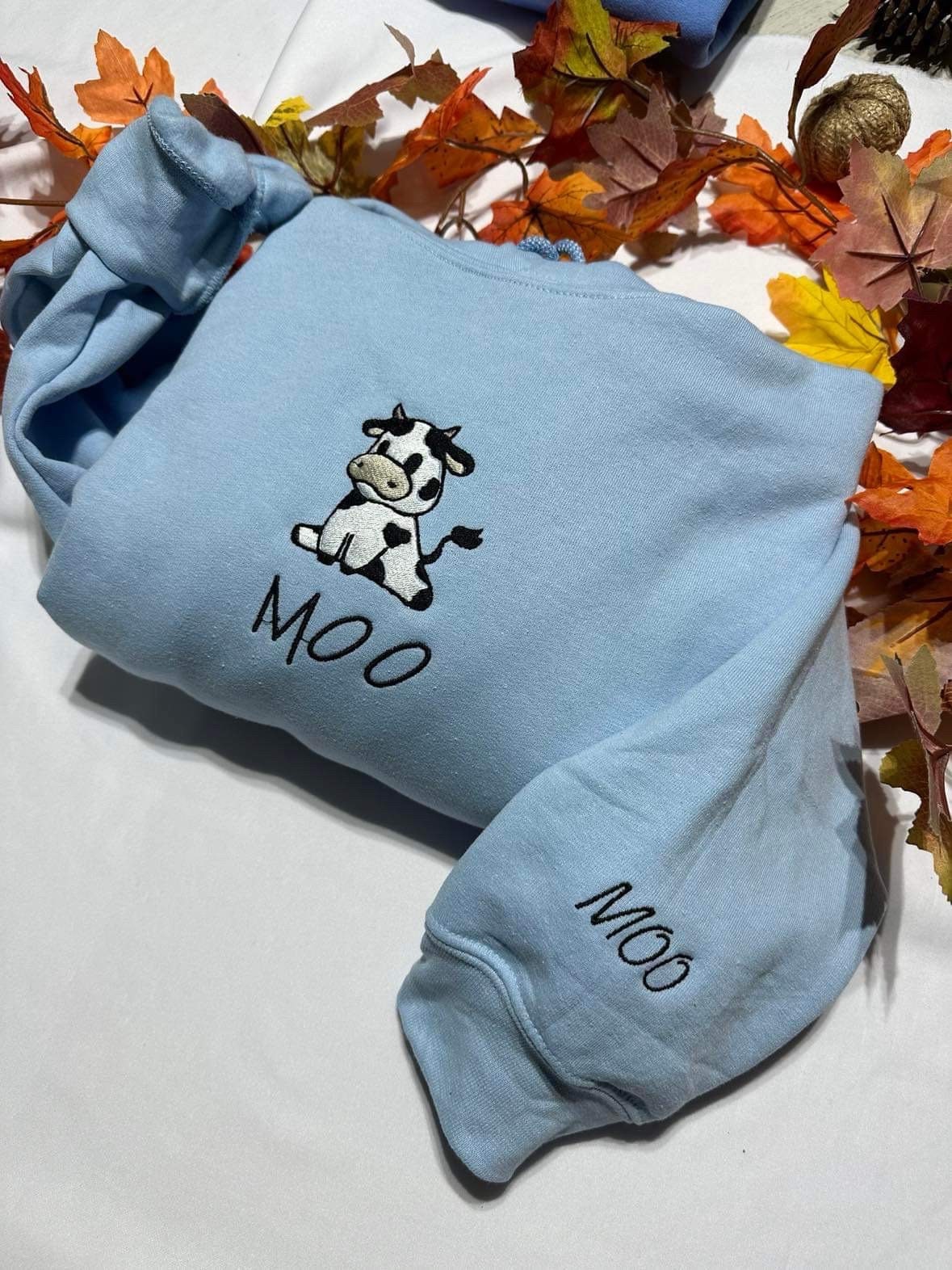 Cow Embroidered Sweatshirt - Sitting Cow with MOO Cuff Design image 6