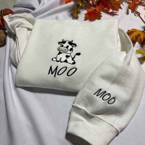 Cow Embroidered Sweatshirt - Sitting Cow with MOO Cuff Design image 0