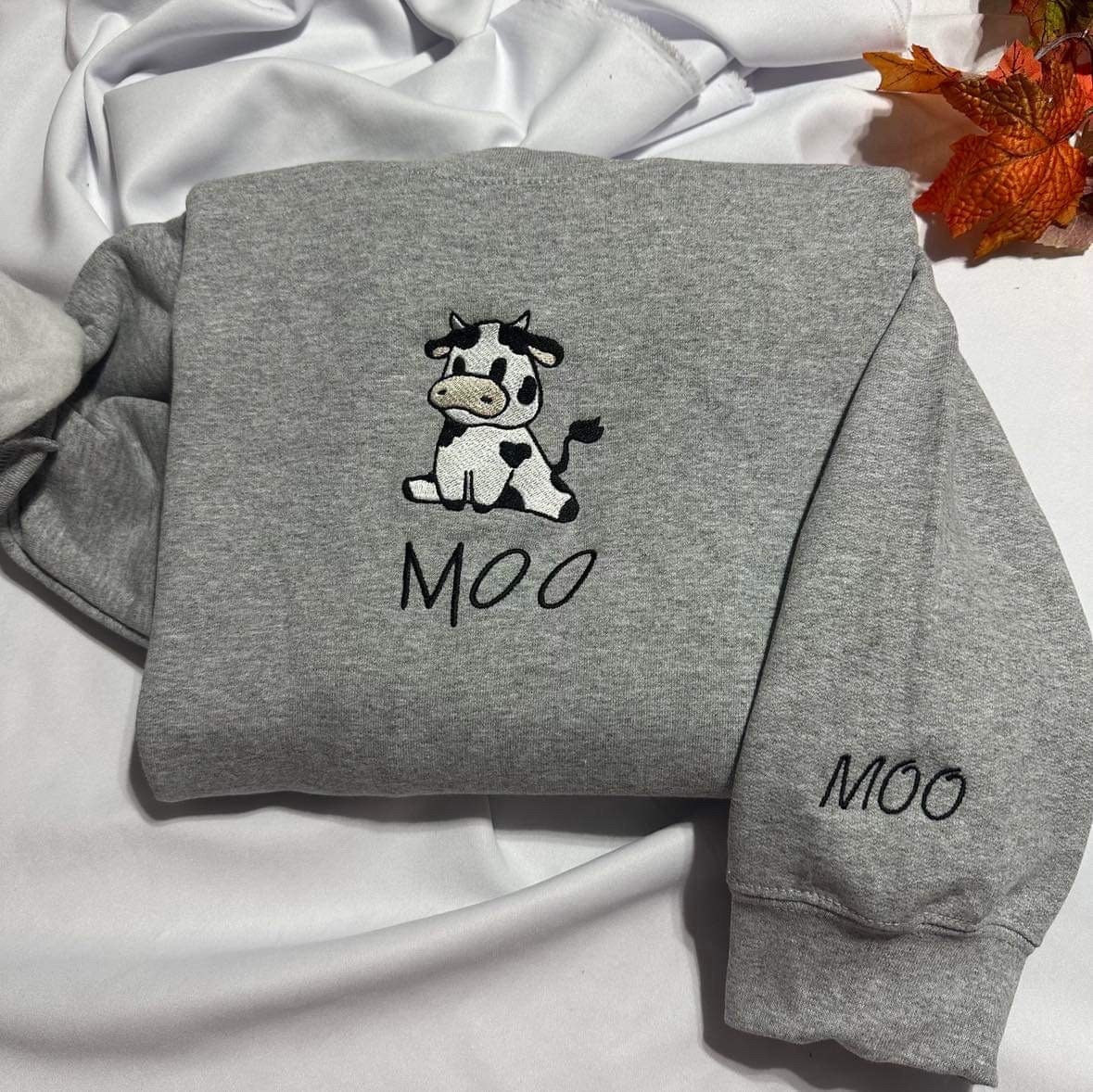 Cow Embroidered Sweatshirt - Sitting Cow with MOO Cuff Design image 4