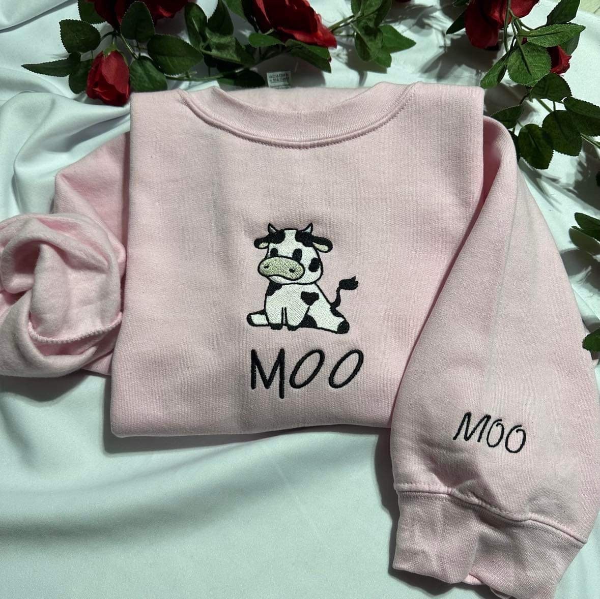 Cow Embroidered Sweatshirt - Sitting Cow with MOO Cuff Design image 1