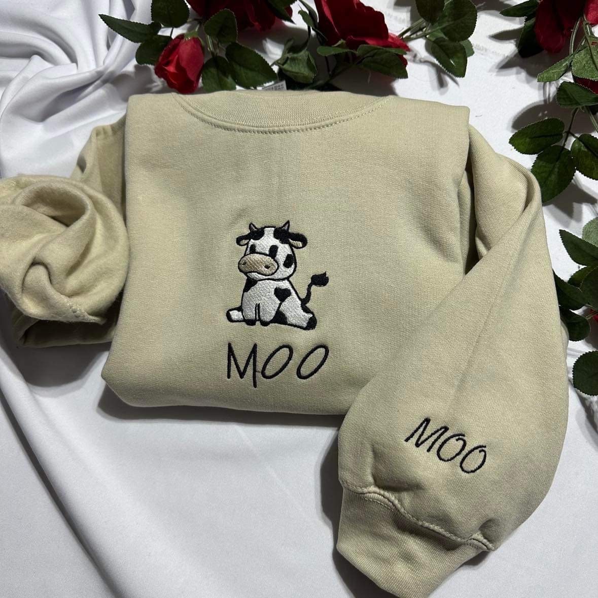 Cow Embroidered Sweatshirt - Sitting Cow with MOO Cuff Design image 3