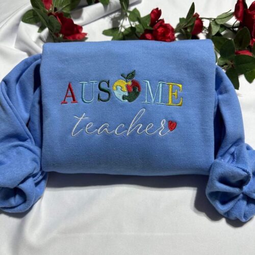 Ausome Teacher Embroidered Sweatshirt Autism Awareness Crewneck Thankful Teacher Gift image 0