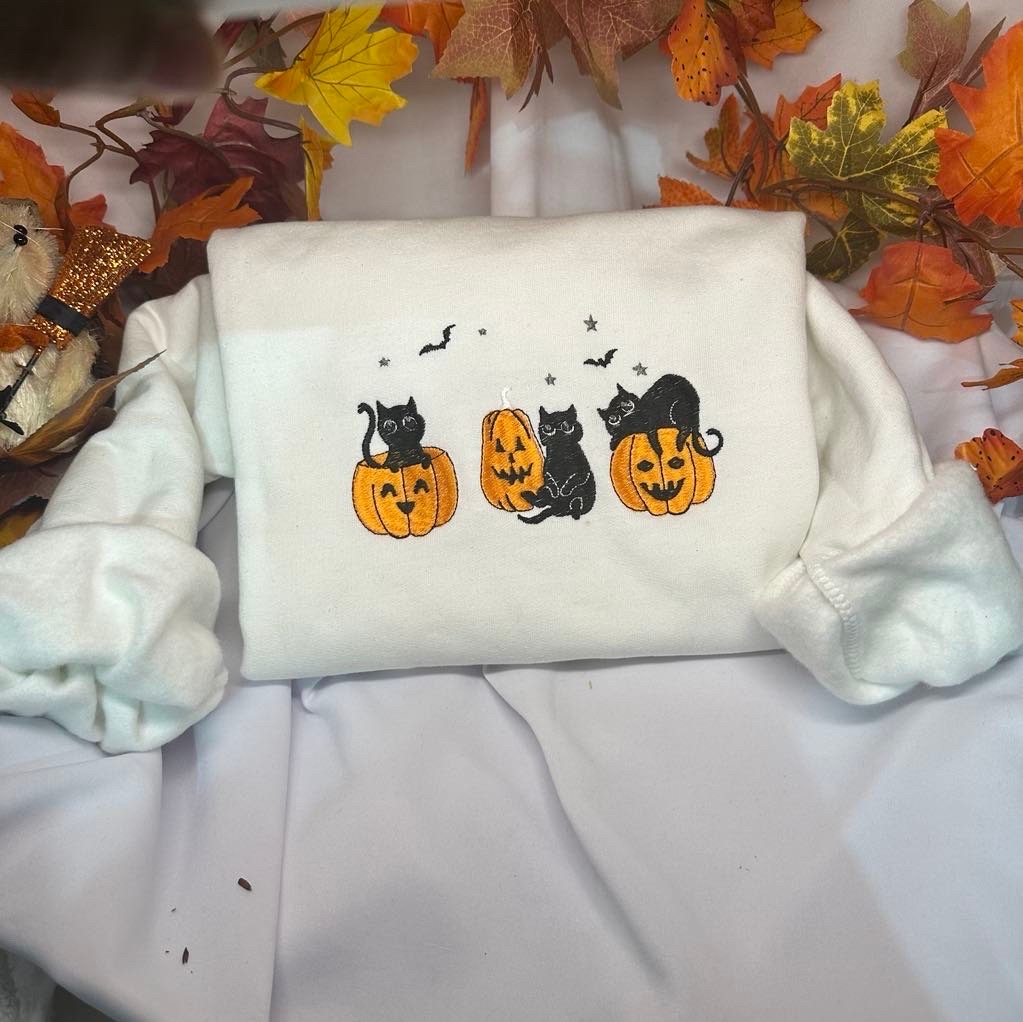 Black Cat Halloween Embroidered Sweatshirt - Pumpkin Cats Crewneck - Spooky Season Gift image 1