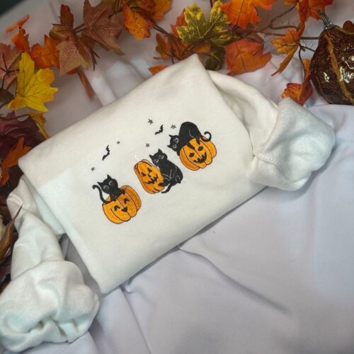 Black Cat Halloween Embroidered Sweatshirt - Pumpkin Cats Crewneck - Spooky Season Gift image 0